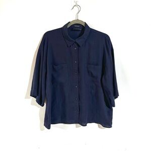 Piombo Navy Blue Linen Blend Short Sleeve Button Down Shirt Pockets Size 12 NWT